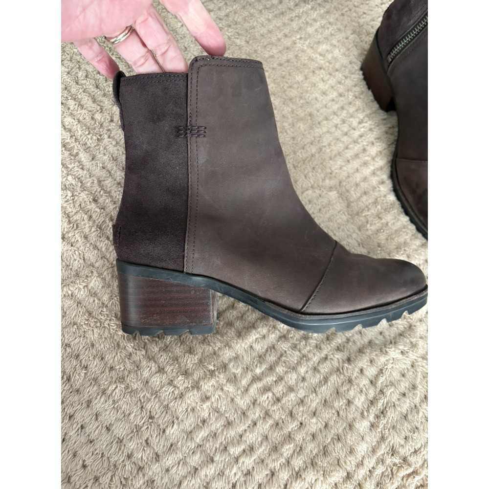 Sorel Boots Womens Size 8.5 Cate Chocolate Brown Leather/Suede Zip Block Heel - Picture 4 of 15